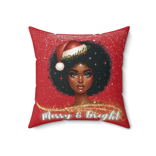 Red christmas throw pillow with african american girl that says Merry and Bright, front view